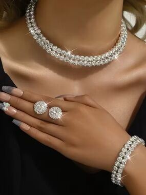 Silver Crystal Tennis Necklace and Bracelet Set - Sparkling Women’s Jewelry